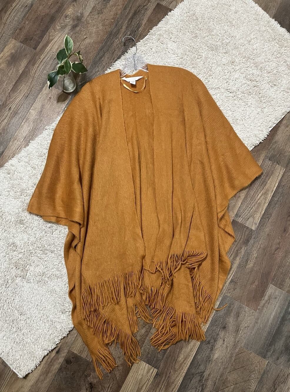 LC Lauren Conrad One Size Orange Brushed Knit Fringe Kimono Ruana Poncho